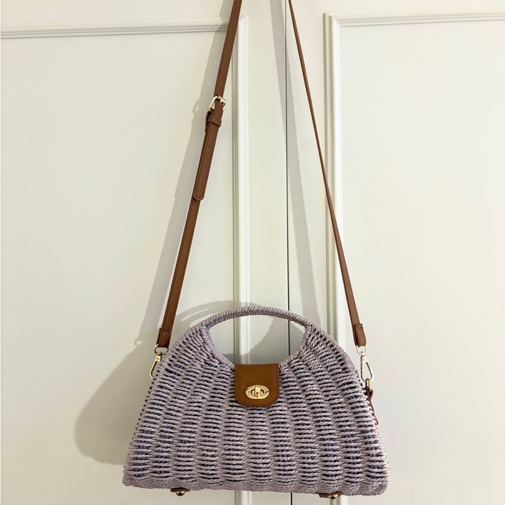 Lavender Woven Handbag with Brown Strap